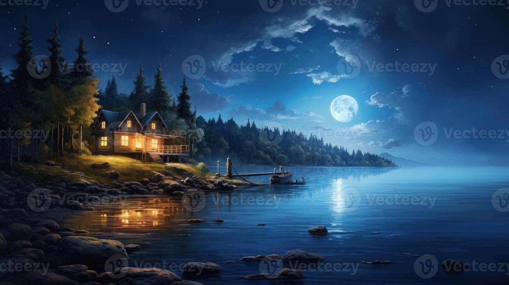 A cozy cabin with lights on sits on the edge of a lake under a bright full moon, with a small boat tied to a dock. photo