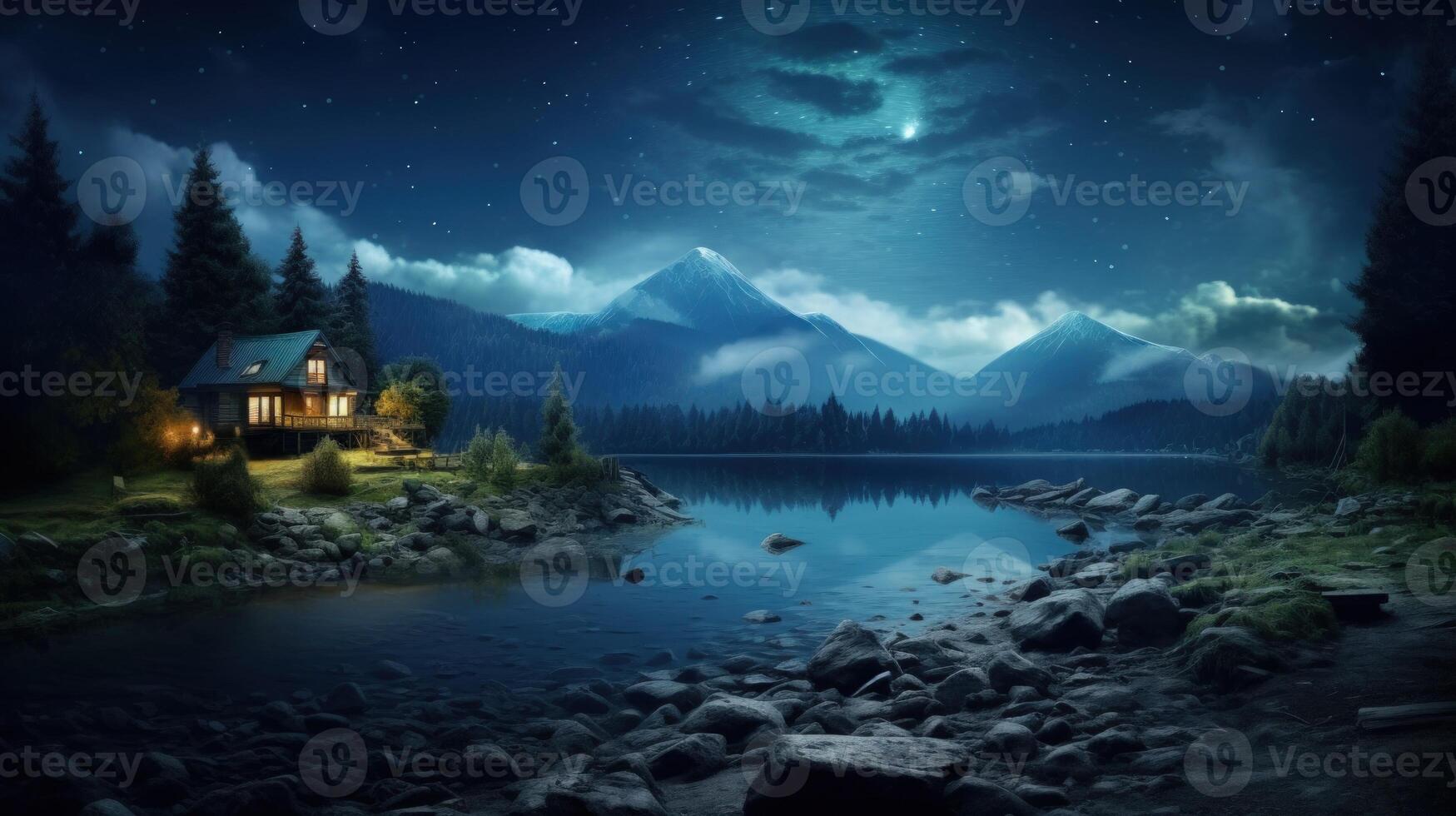 A cozy cabin with lit windows sits on a rocky lakeshore under a starry night sky with a moon above a mountainous landscape. photo