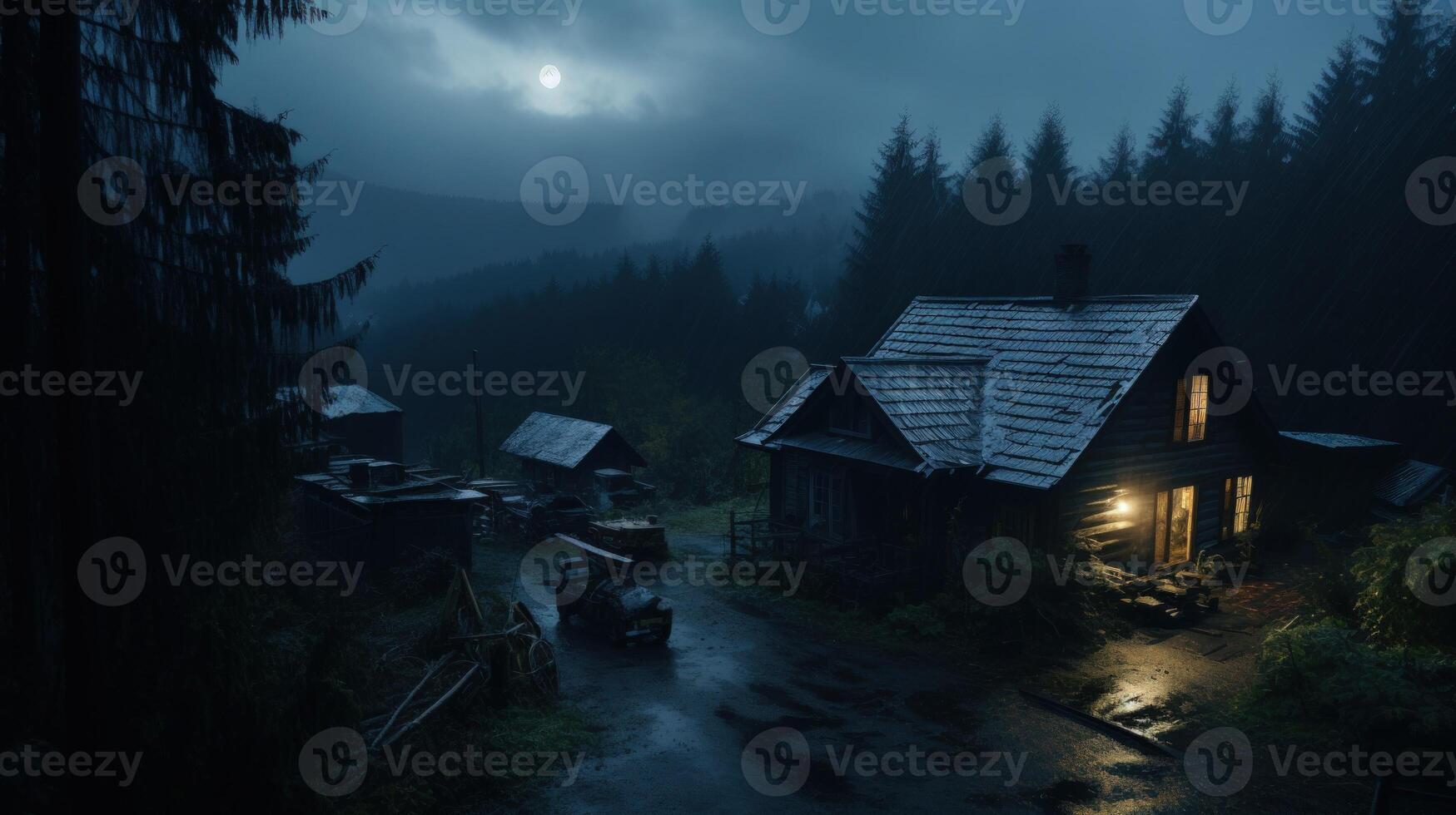 A cozy cabin with warm light glows in the woods on a misty night with a full moon. photo