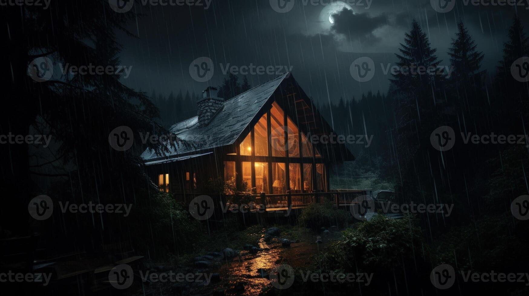 A cozy cabin with warm lights glowing inside, nestled in a dark and rainy forest under a full moon. photo