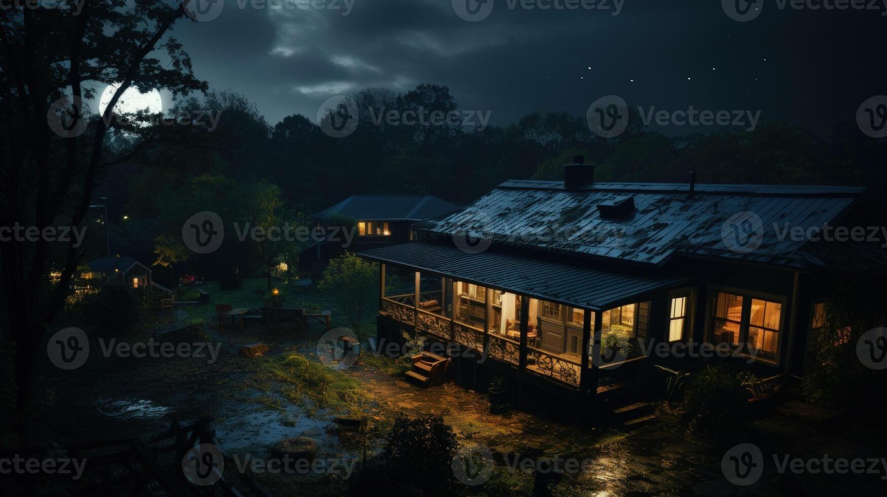A cozy cabin with lit windows under a full moon and cloudy sky, nestled amidst a lush forest. photo