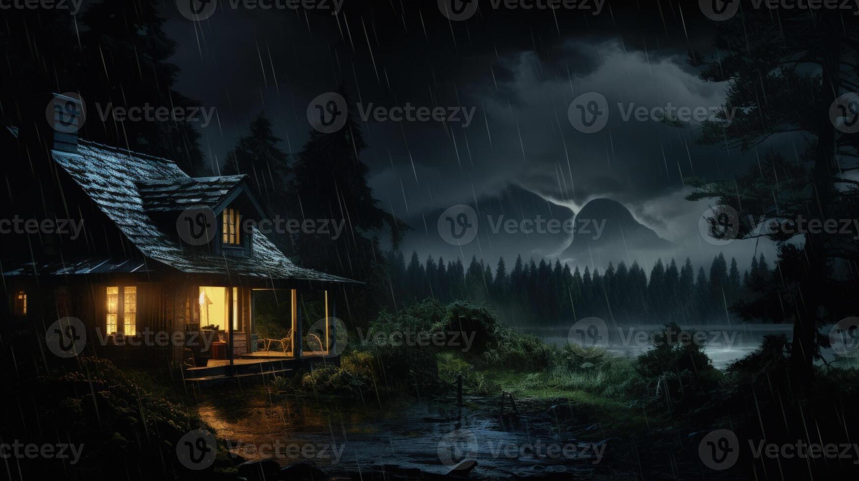 A cozy cabin with warm lights glows in the darkness of a stormy night. Rain falls hard on the dark forest and river, while mountains loom in the distance. photo