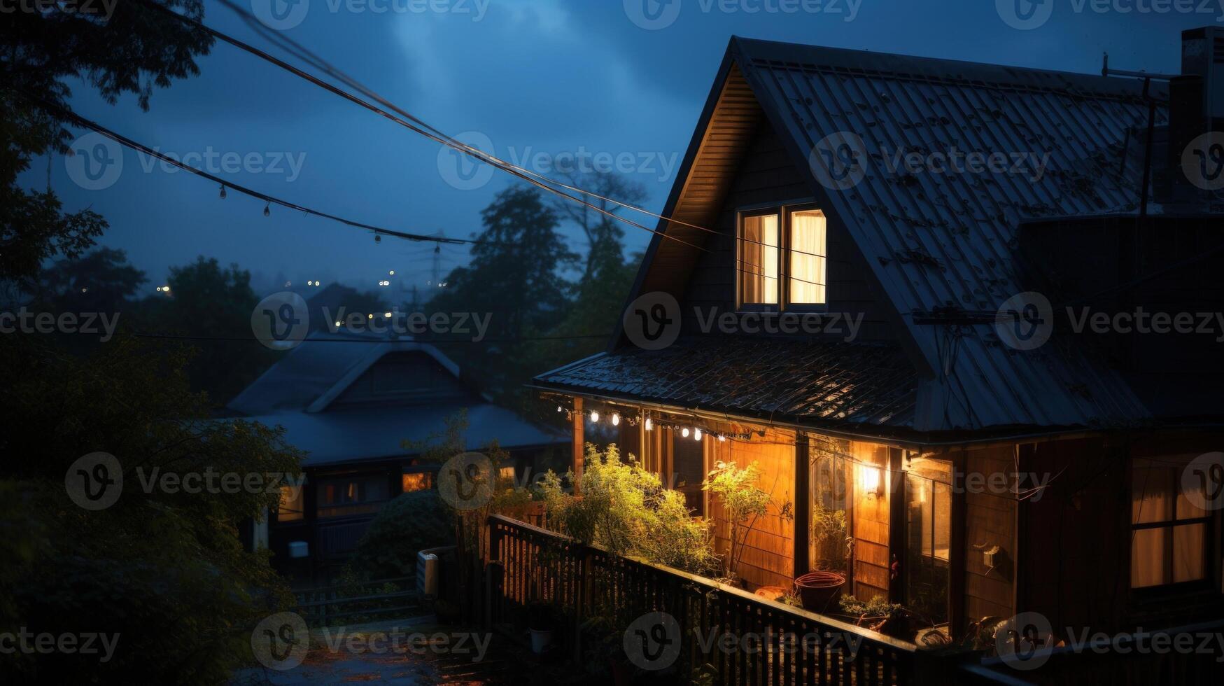 A cozy cabin with warm lights glowing in the windows on a dark, rainy night. photo