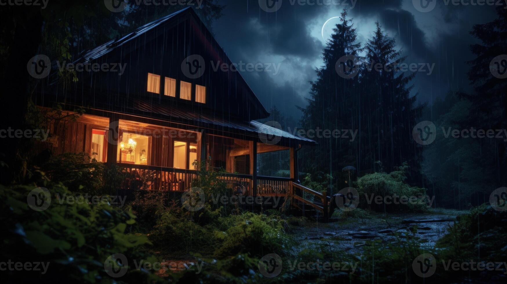 A cozy cabin with warm lights glows in the darkness of a rainy night, with a crescent moon shining through the clouds and tall trees surrounding it. photo
