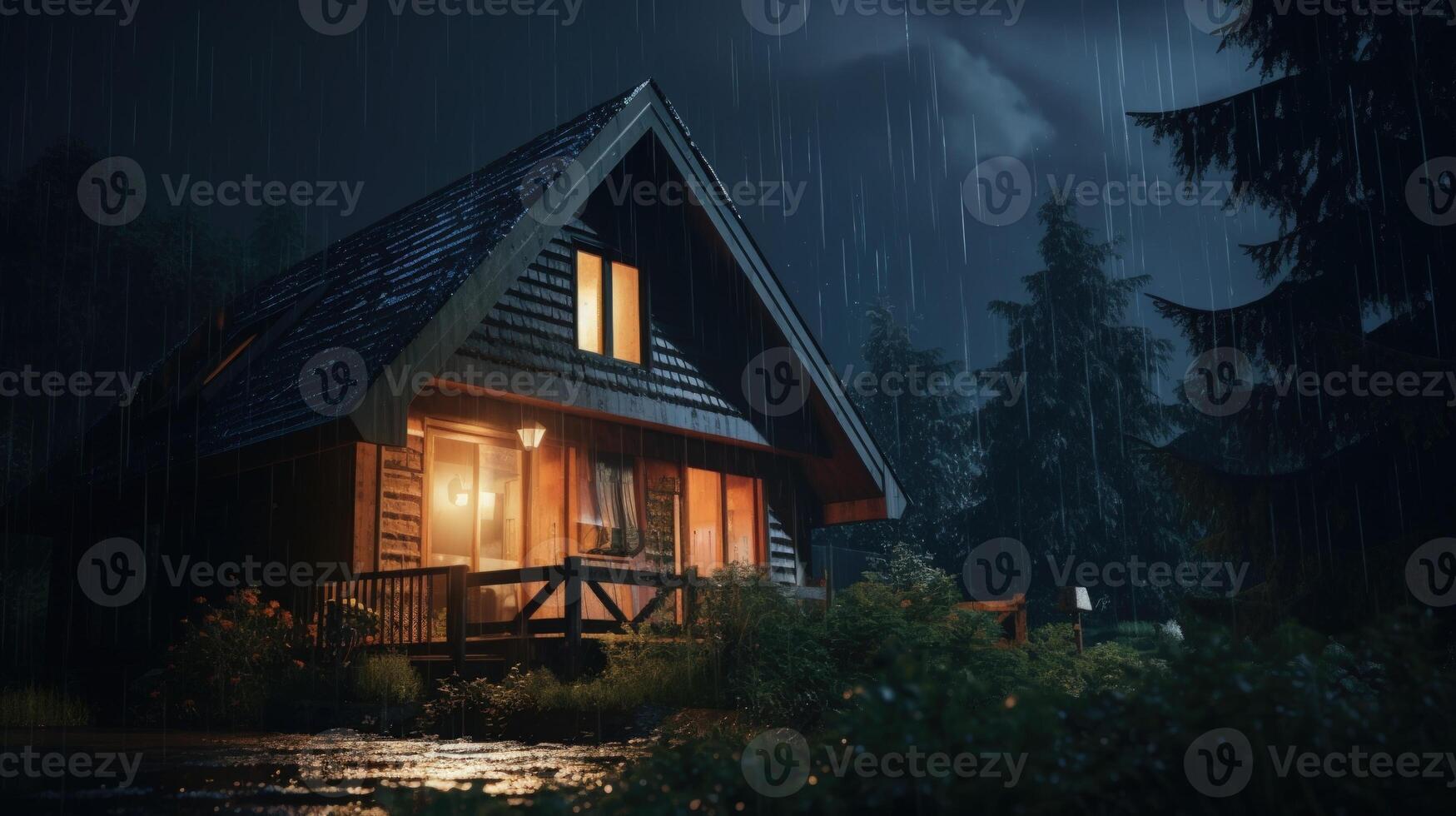 A cozy cabin with warm lights shines brightly against a backdrop of rain and a dark forest at night. photo