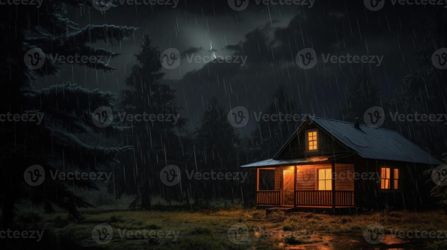 A cozy cabin with warm lights glows in the dark forest during a rainstorm with a flash of lightning. photo