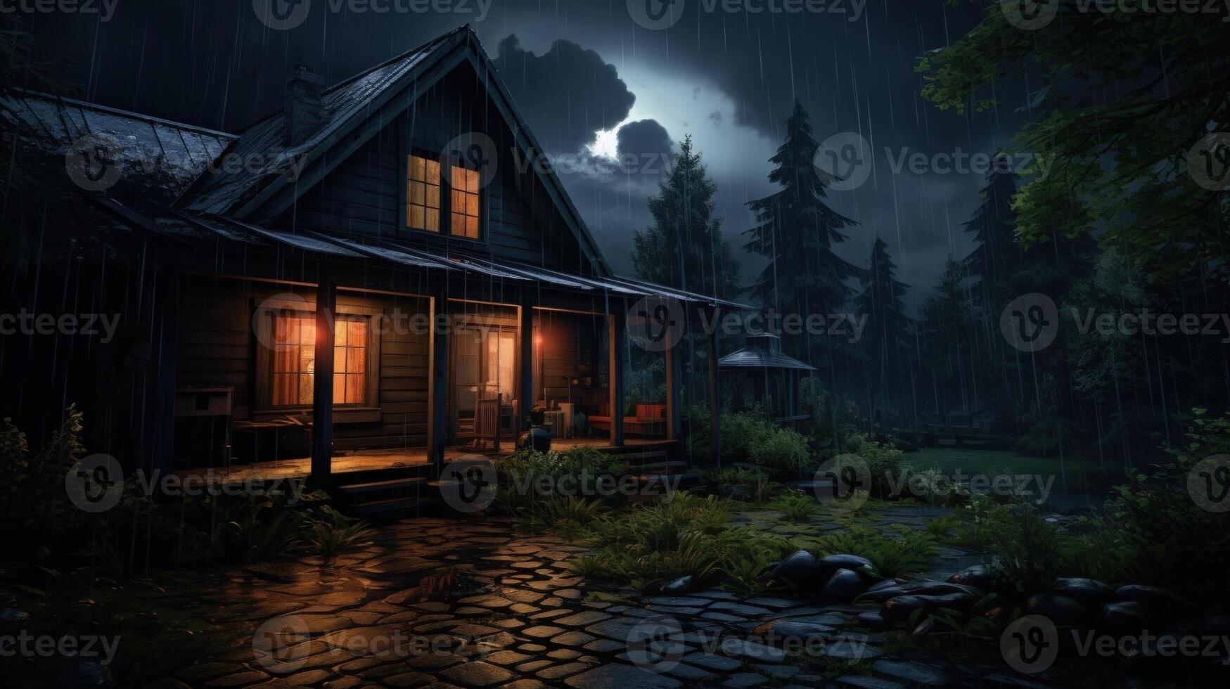 A cozy cabin with warm lights glows in the darkness of a rainy night in a forest.  The porch is lit with string lights and the windows are glowing.  A cobblestone path leads up to the cabin. photo