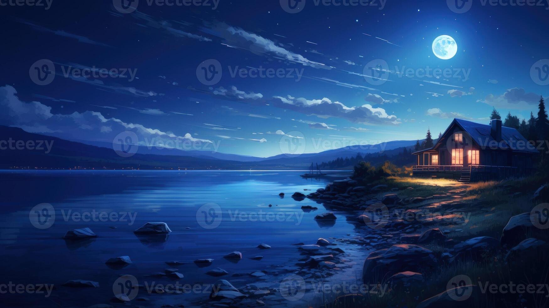 A cozy cabin with warm lights sits on the edge of a lake under a full moon and a starry sky. photo