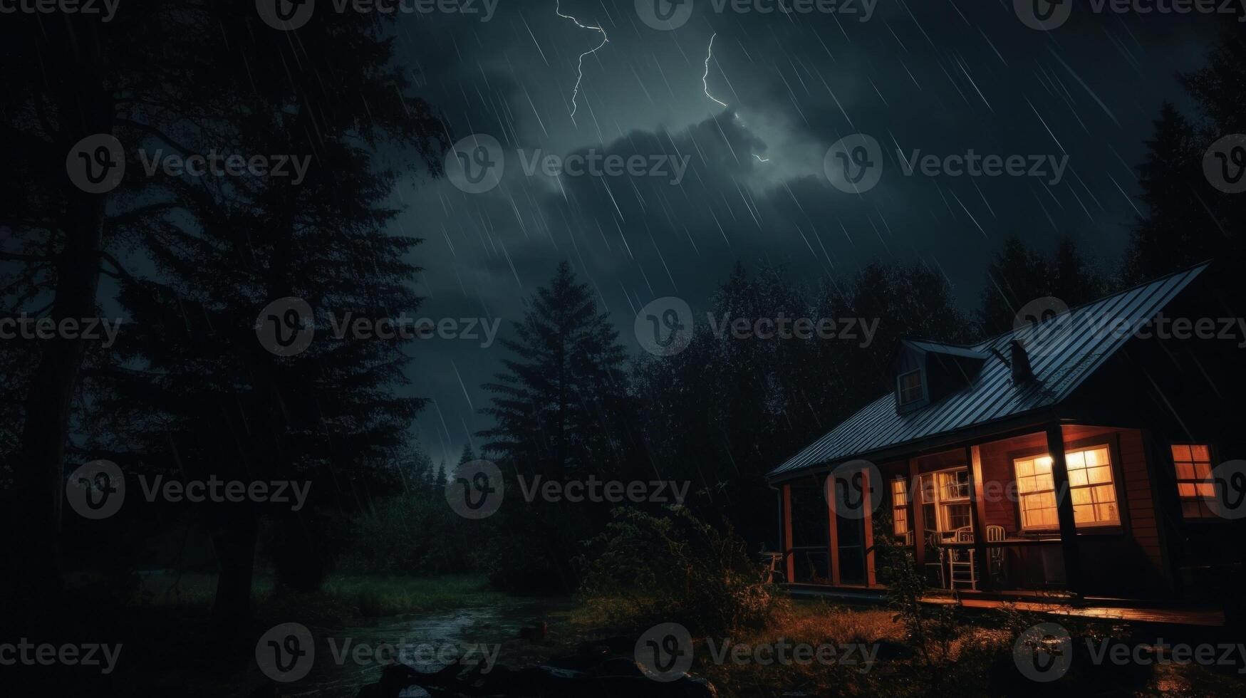 A cozy cabin with warm lights sits in a dark, stormy forest with lightning striking in the distance. photo