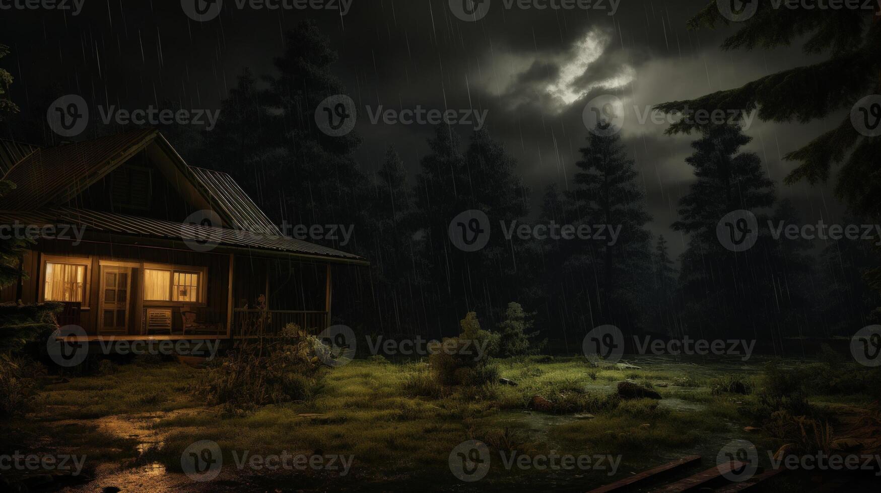 A cozy cabin with warm lights sits in a dark, rainy forest with a moonlit sky. photo