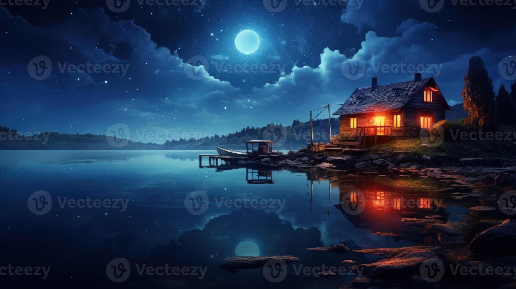 A cozy cabin with warm lights sits on the edge of a serene lake under a starry sky, with a full moon casting its glow on the water. photo