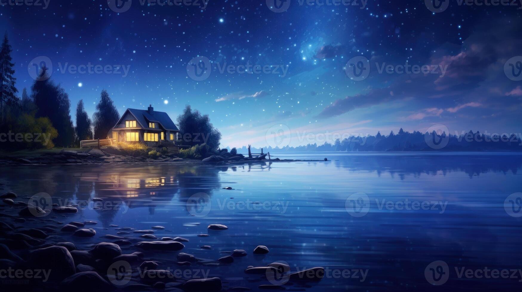 A cozy cabin with warm lights sits on a rocky shore under a starry sky, reflecting in the calm water of a lake. photo