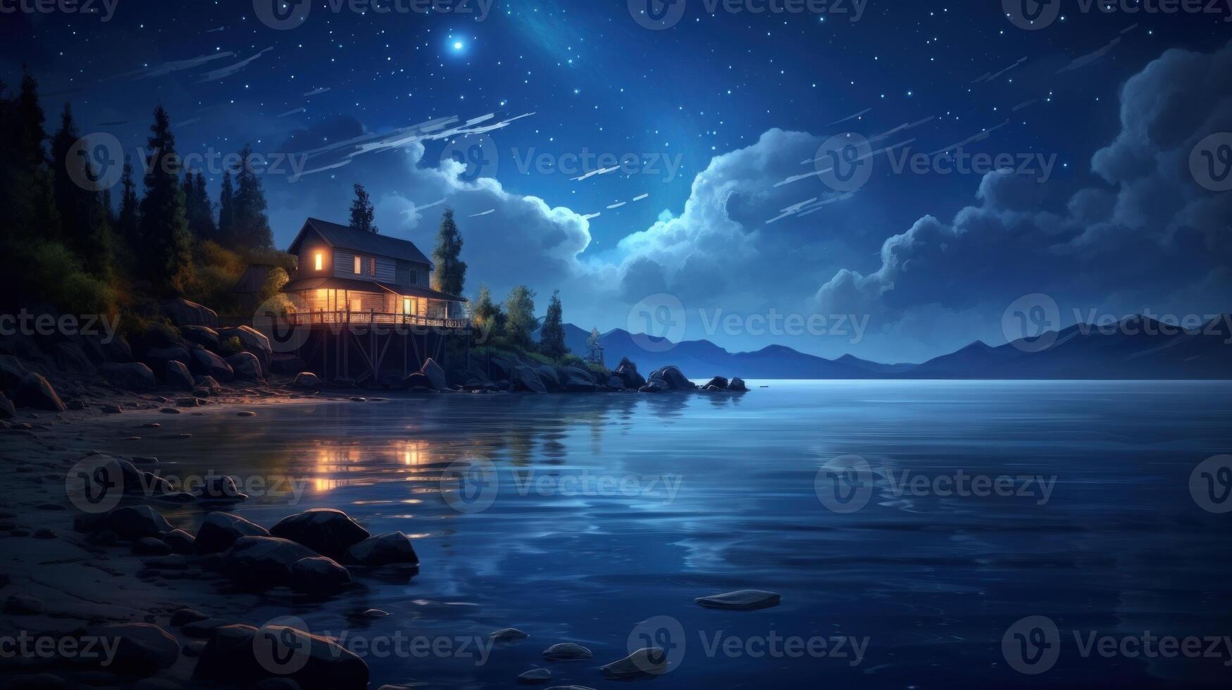 A cozy cabin with warm lights sits on the edge of a still lake under a starry night sky. photo