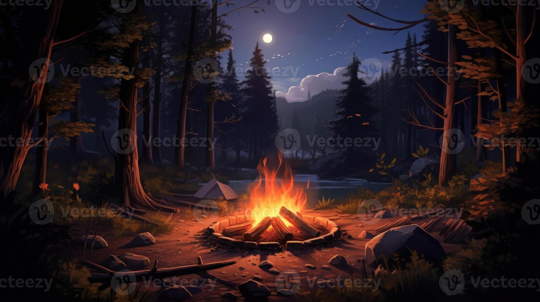 A cozy campfire glows in the heart of a dark, mysterious forest under the moonlight. photo