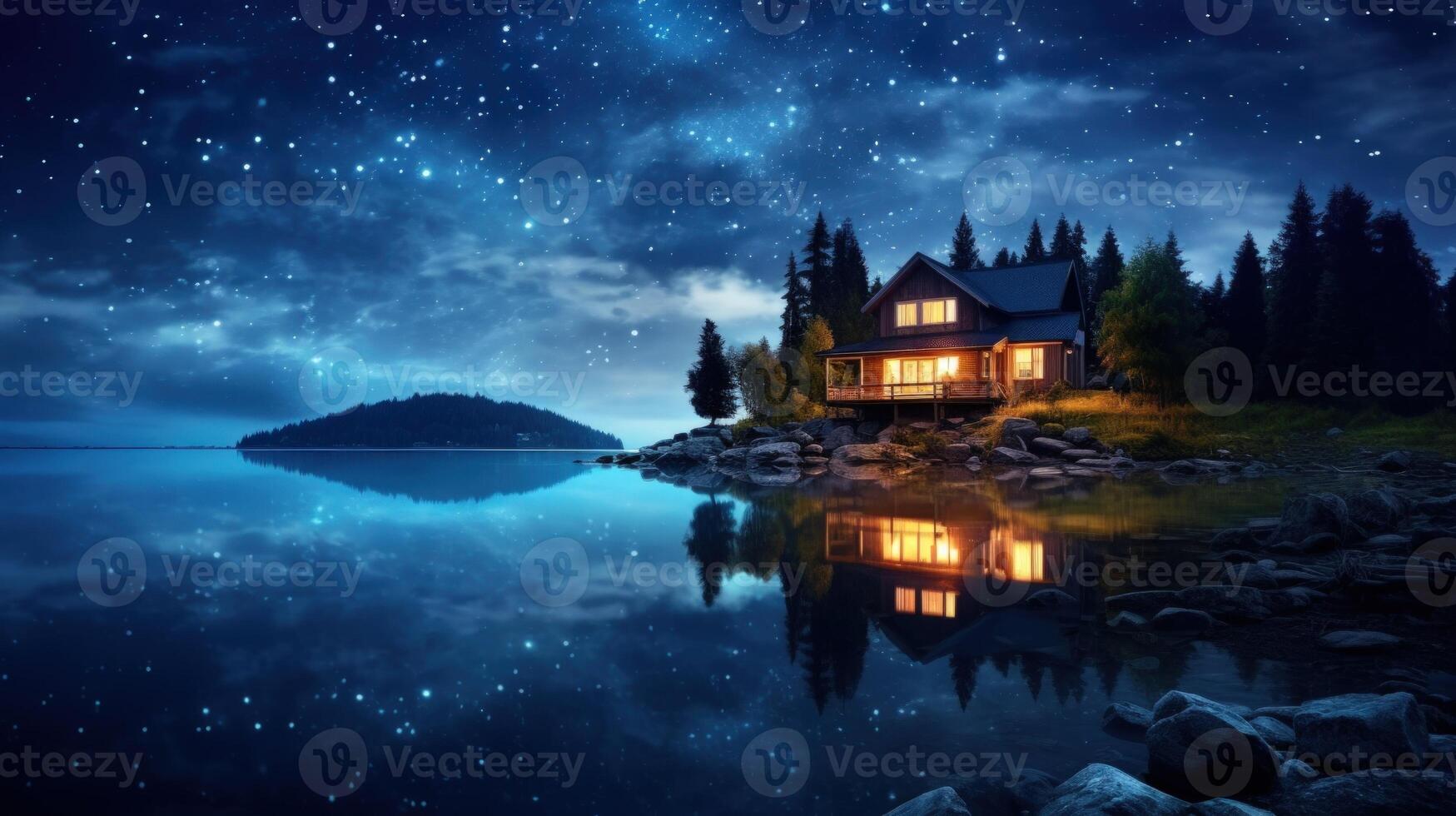 A cozy cabin with warm lights, nestled on the lakeshore, under a starry sky. photo