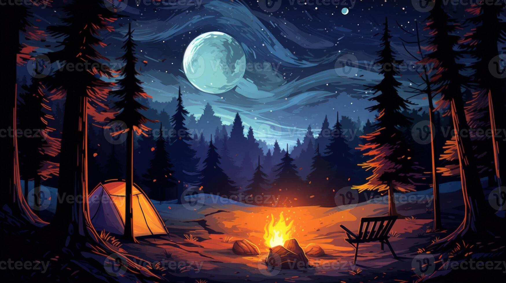 A cozy campsite with a campfire, tent, and chair in a forest under a starry night sky with a full moon. photo