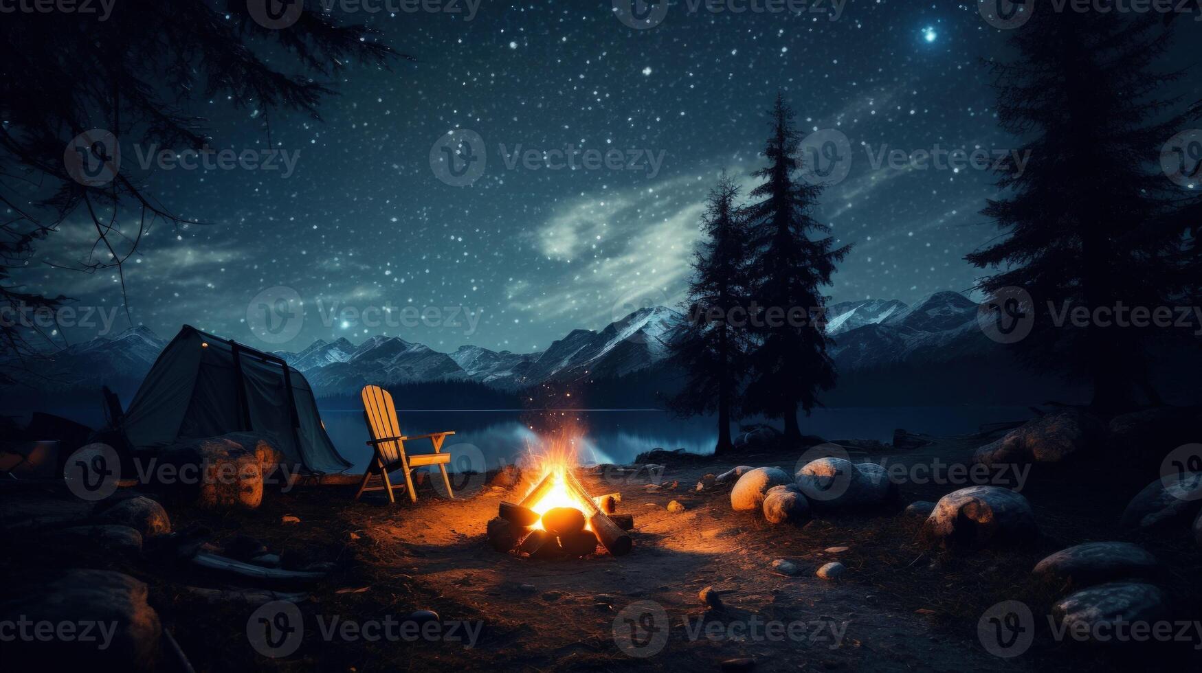 A cozy campsite with a crackling campfire under a starlit sky. photo