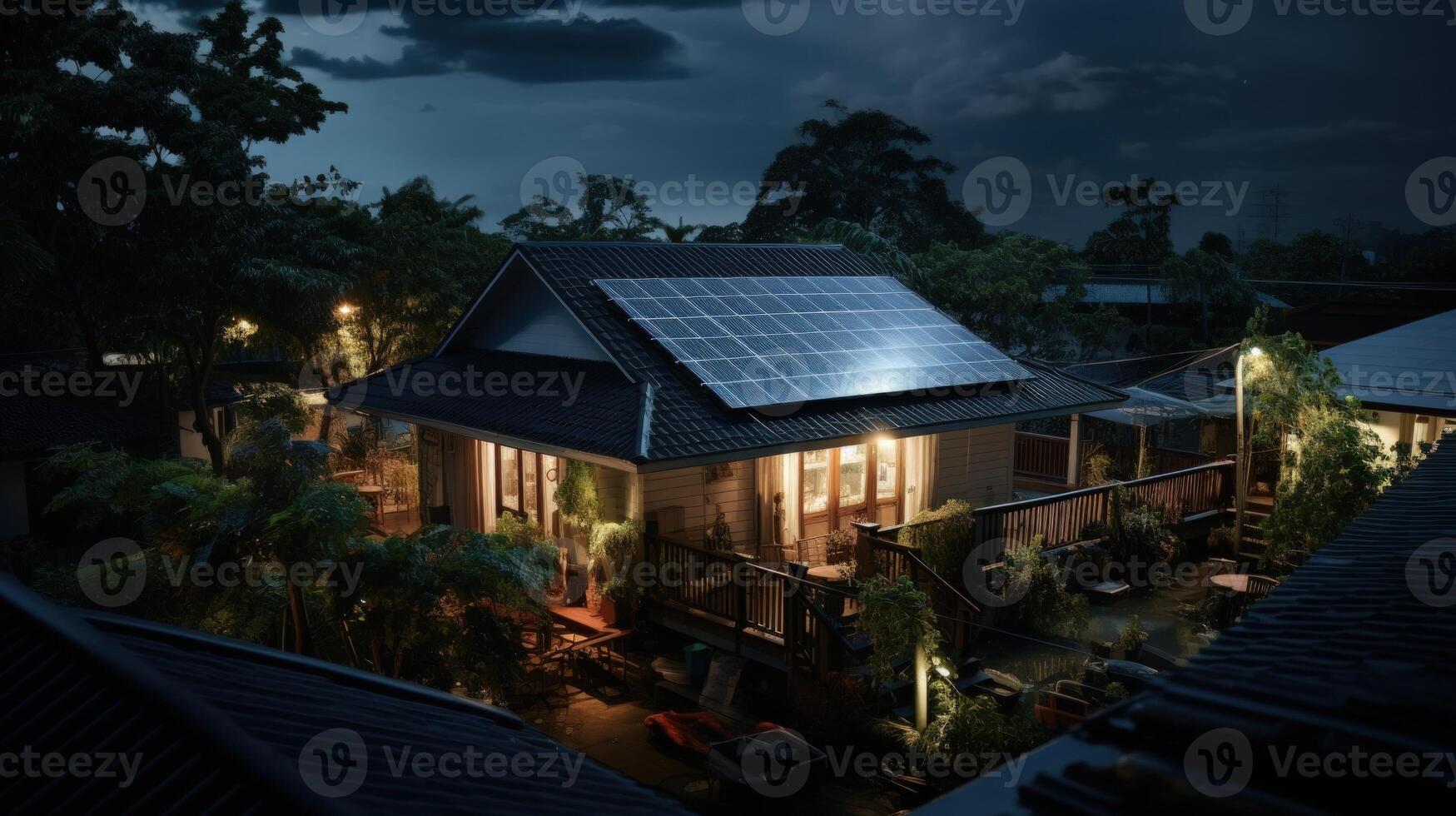 A cozy house with solar panels on the roof is illuminated at night by warm lights, surrounded by lush greenery. photo