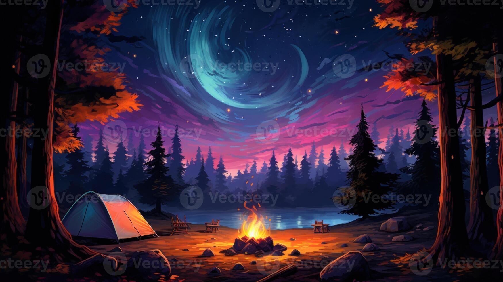 A cozy campsite with a tent, campfire, and two chairs by a lake, under a starry night sky with a blue and pink aurora. photo