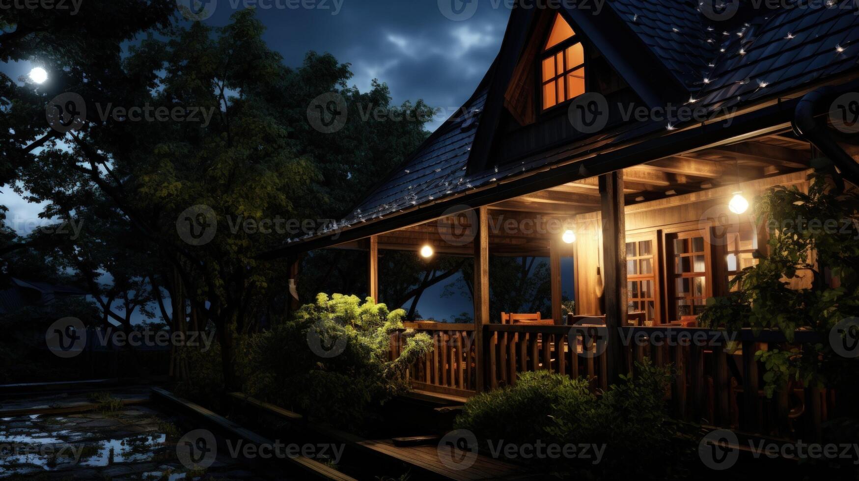 A cozy wooden cabin with lights on at night, illuminated by the moon and surrounded by trees. photo