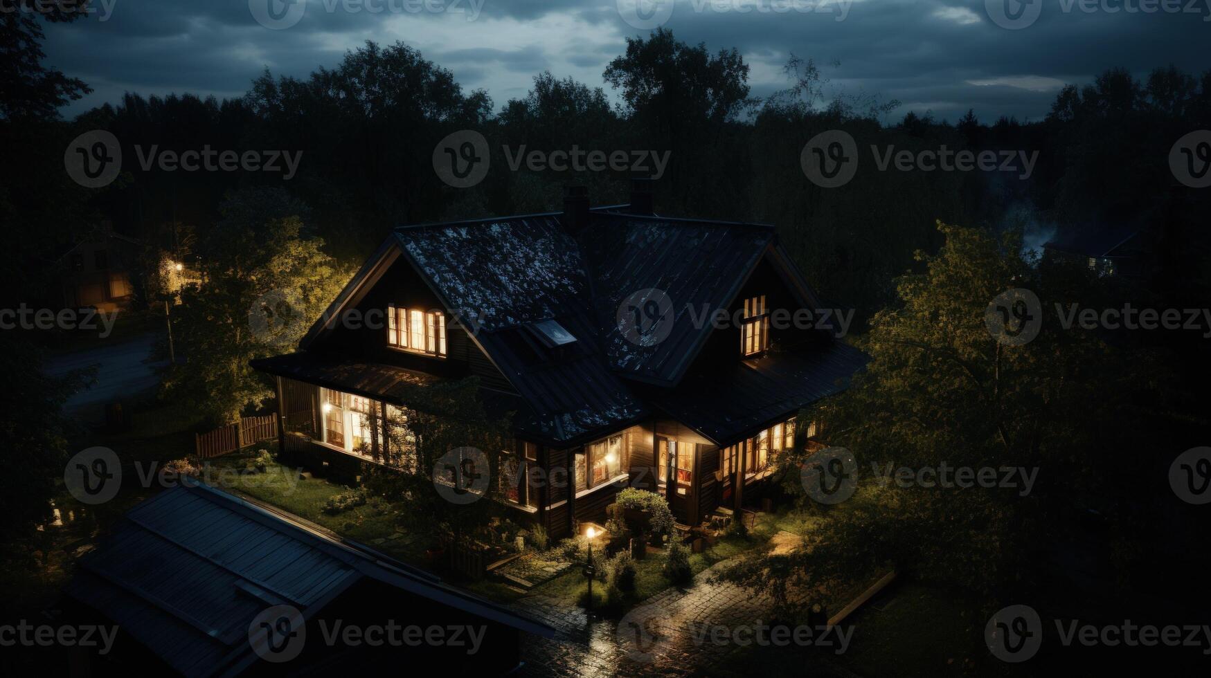 A cozy wooden house with lit windows surrounded by trees under a dark cloudy sky. photo