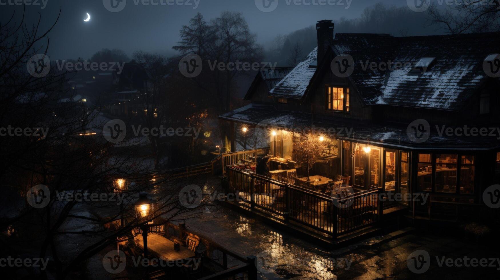 A cozy wooden cabin with lit windows stands on a hill overlooking a foggy town under a crescent moon. photo