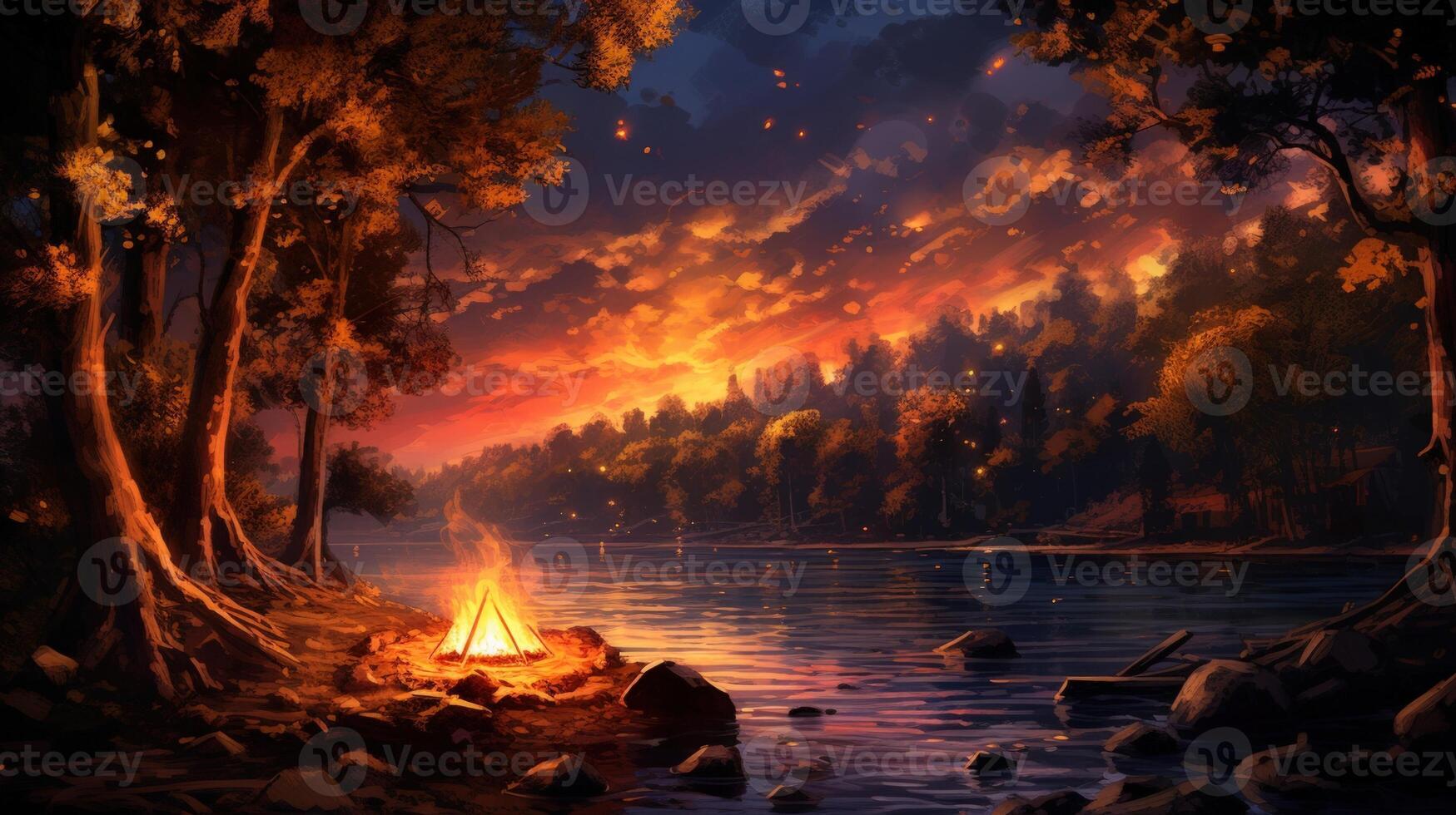 A crackling campfire burns brightly on the edge of a lake, casting a warm glow on the surrounding trees and the orange sunset sky. photo