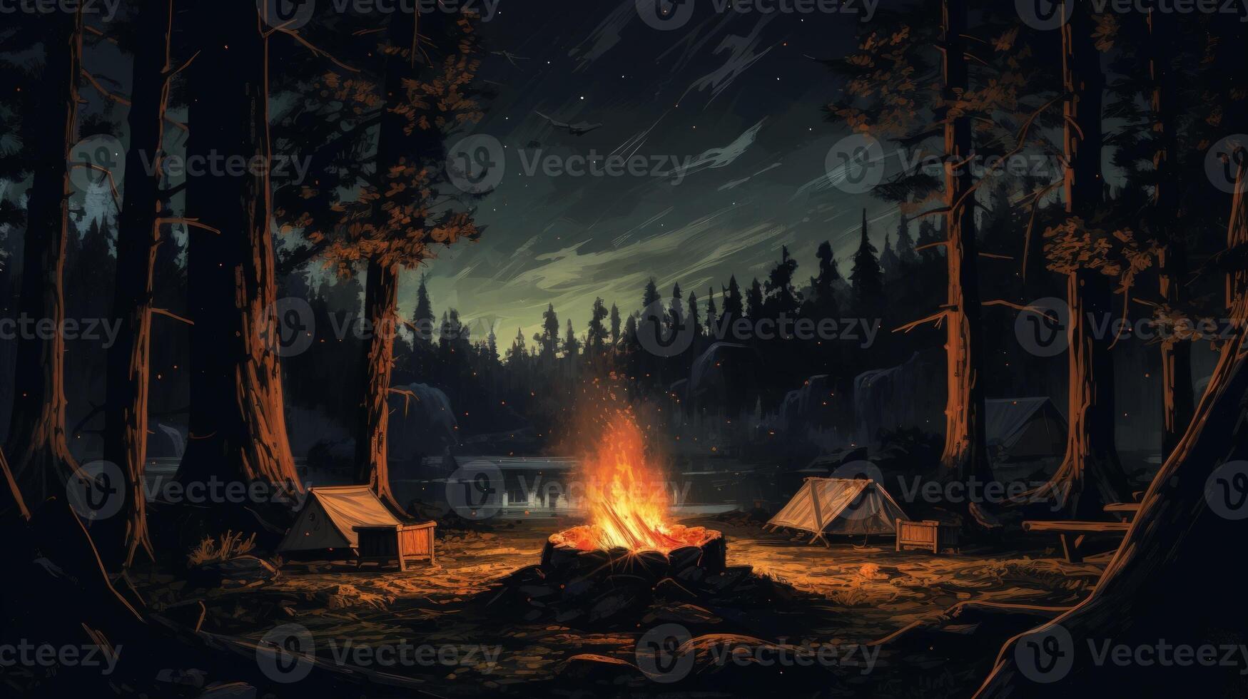 A crackling campfire illuminates the forest at night, with two tents and a wooden bench adding to the campsite's cozy ambiance. photo