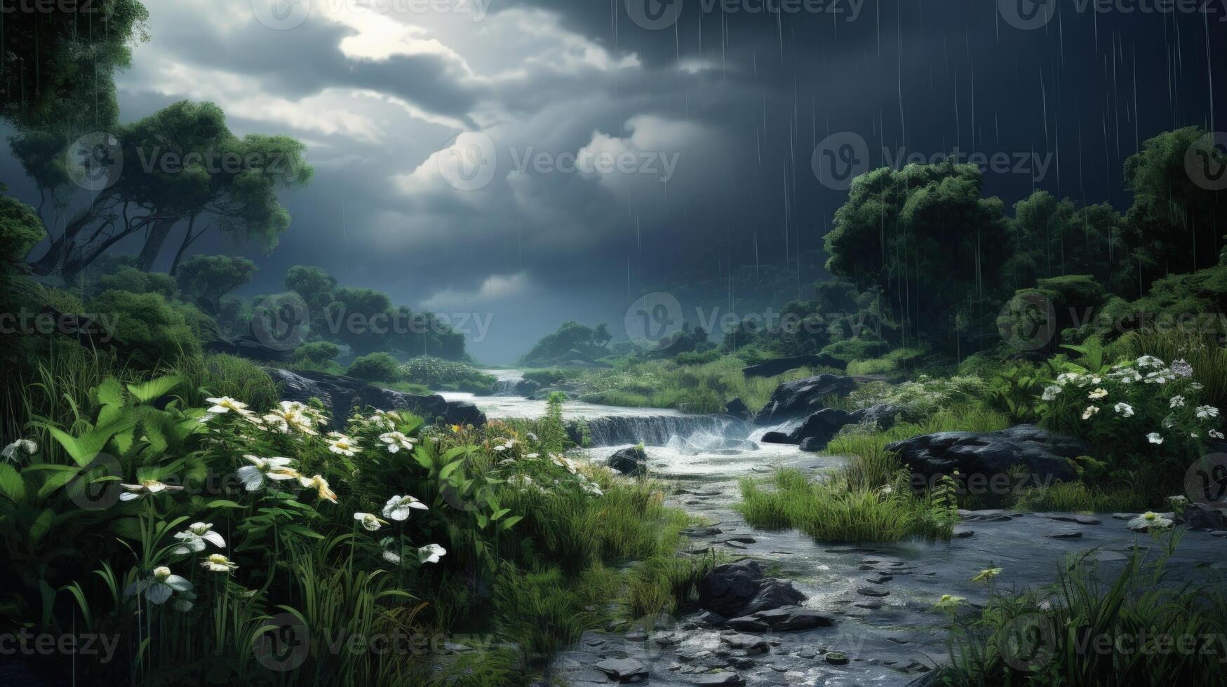 A creek flows through a lush green forest under a stormy sky with white flowers blooming. photo