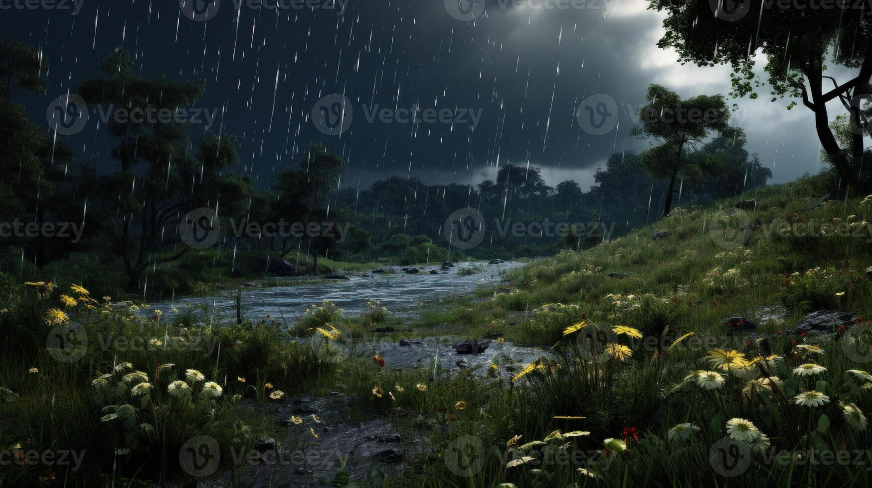A creek runs through a lush green forest, with yellow wildflowers blooming in the foreground, rain falls from a dark sky. photo