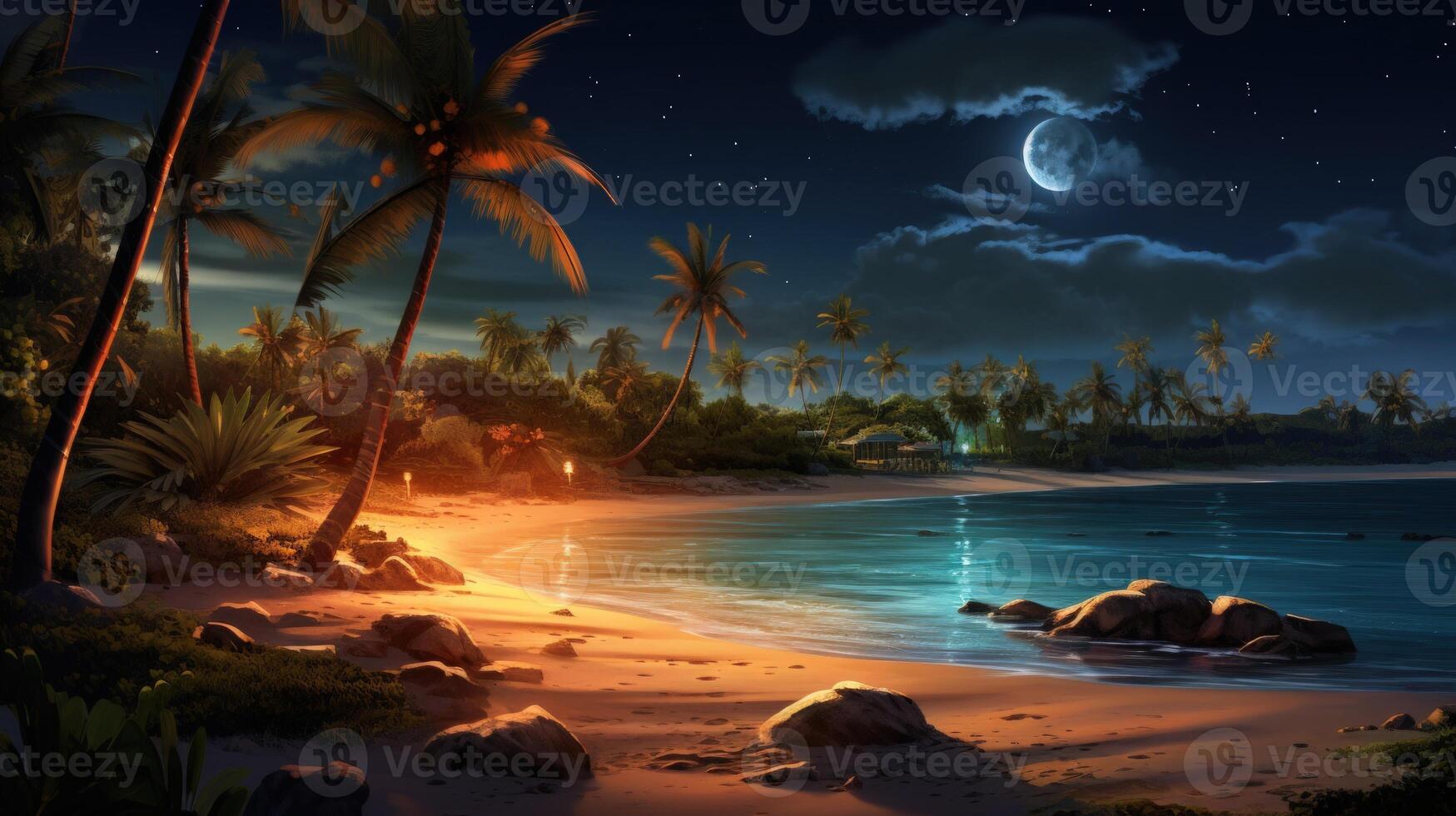 A crescent moon hangs over a tropical beach at night, with palm trees silhouetted against the starry sky. photo