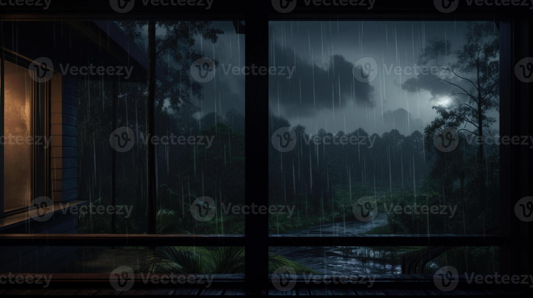 A dark and stormy night with a view of a river and forest from a window. photo