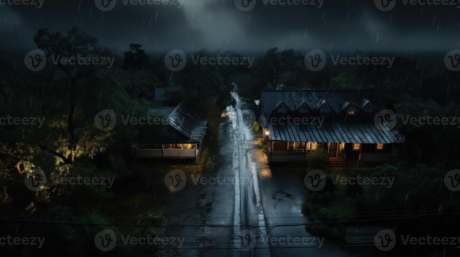 A dark and stormy night with two houses on a rain soaked street. photo