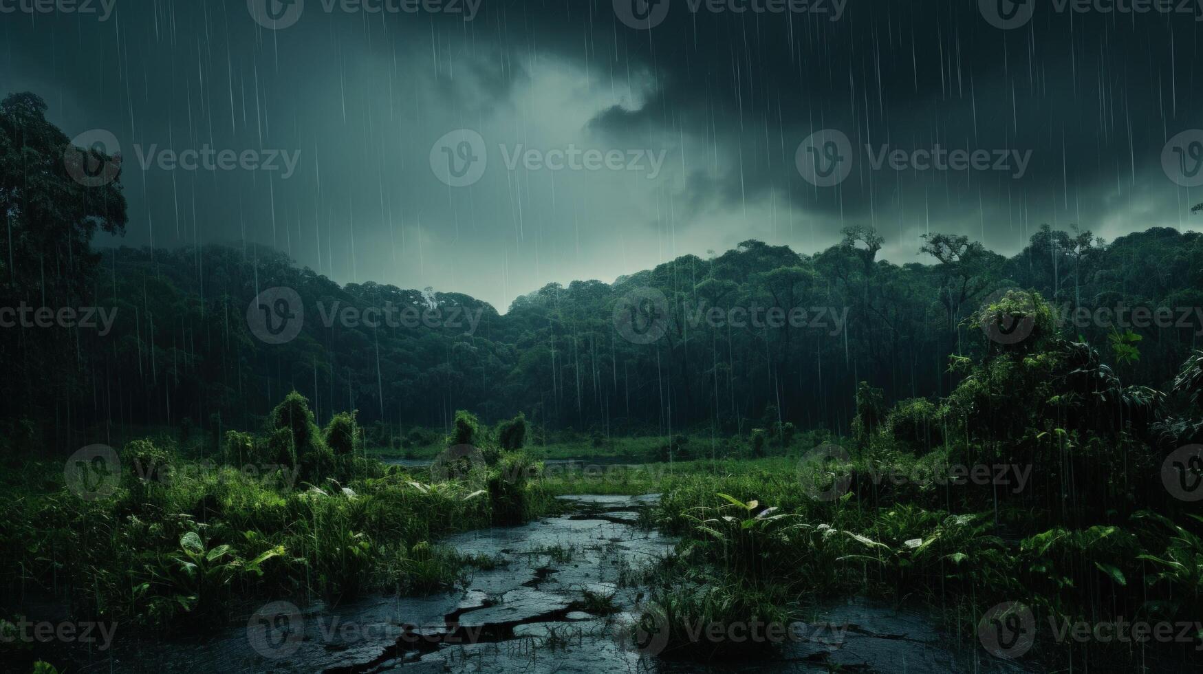 A dark and stormy scene in a lush jungle with heavy rain and a crack in the ground in the foreground. photo