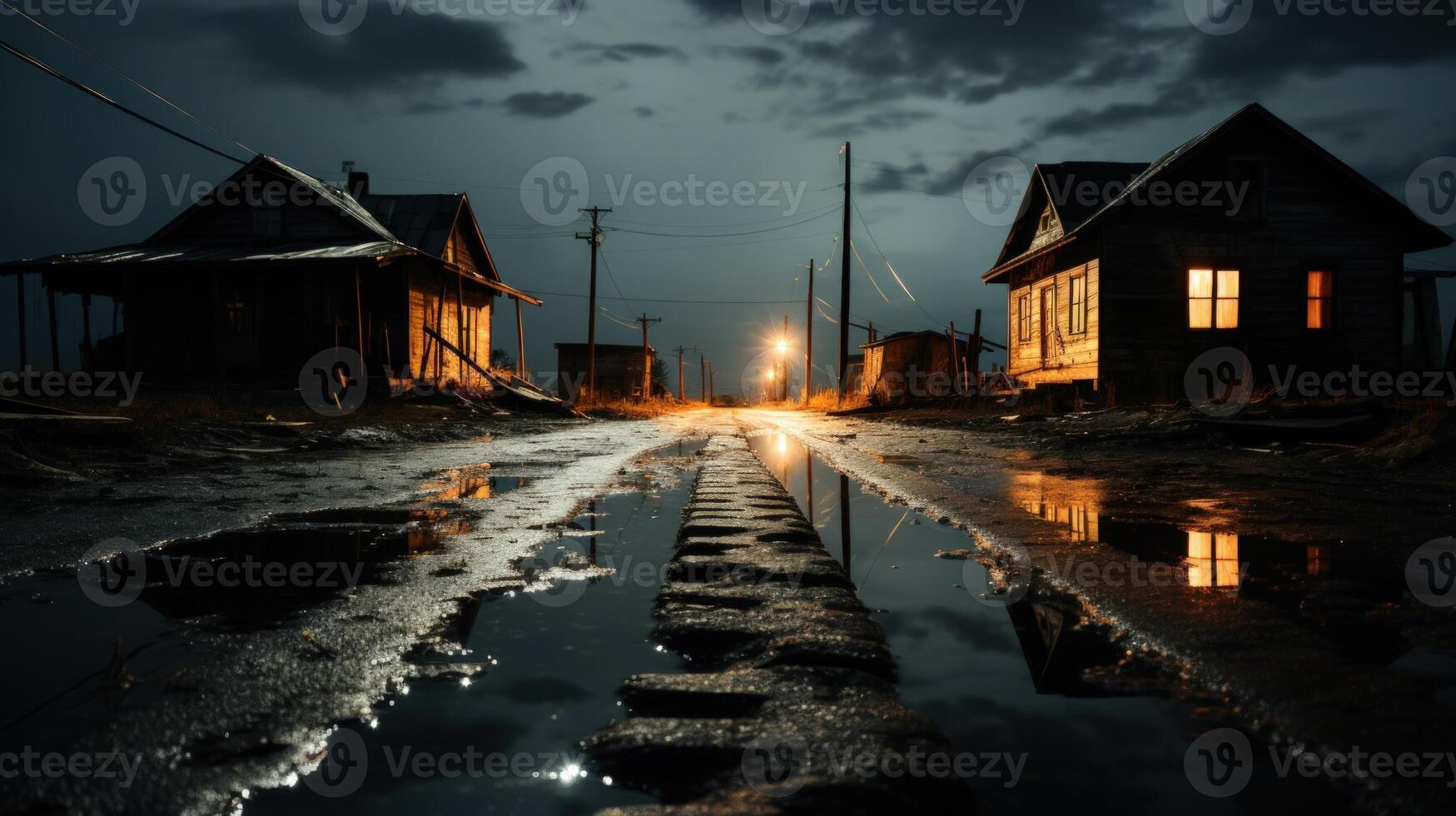 A deserted street at night with houses on either side and a single streetlight casting a warm glow on the wet road. photo