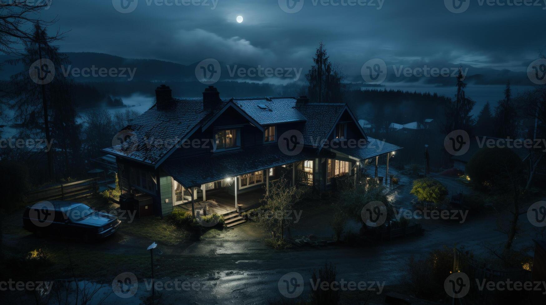A dark, mysterious house sits on a hill overlooking a foggy valley with the moon shining brightly in the sky. photo
