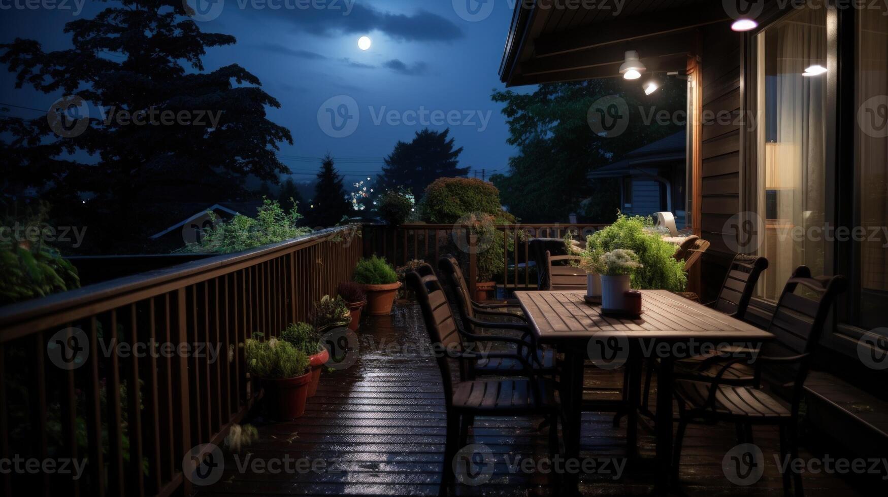 A dark, rainy night scene with a wooden patio lit by overhead lights and a full moon, with a table and chairs set for two. photo