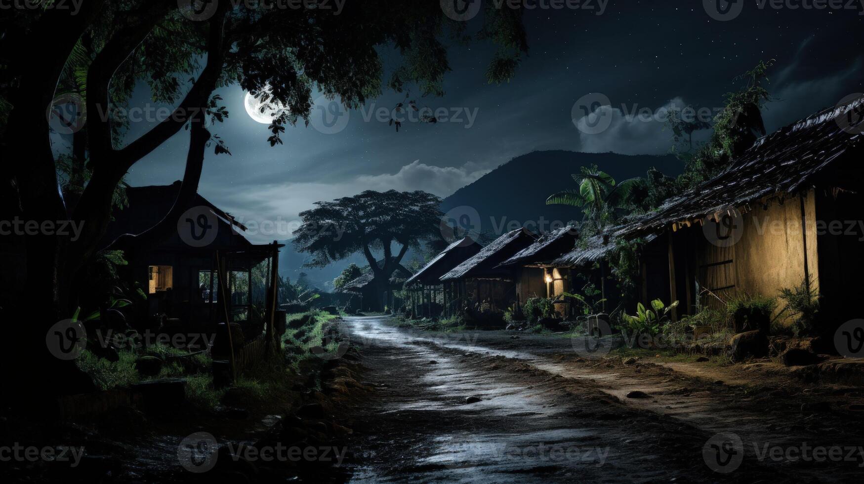 A dirt road winds through a village under a starry night sky with a full moon. photo
