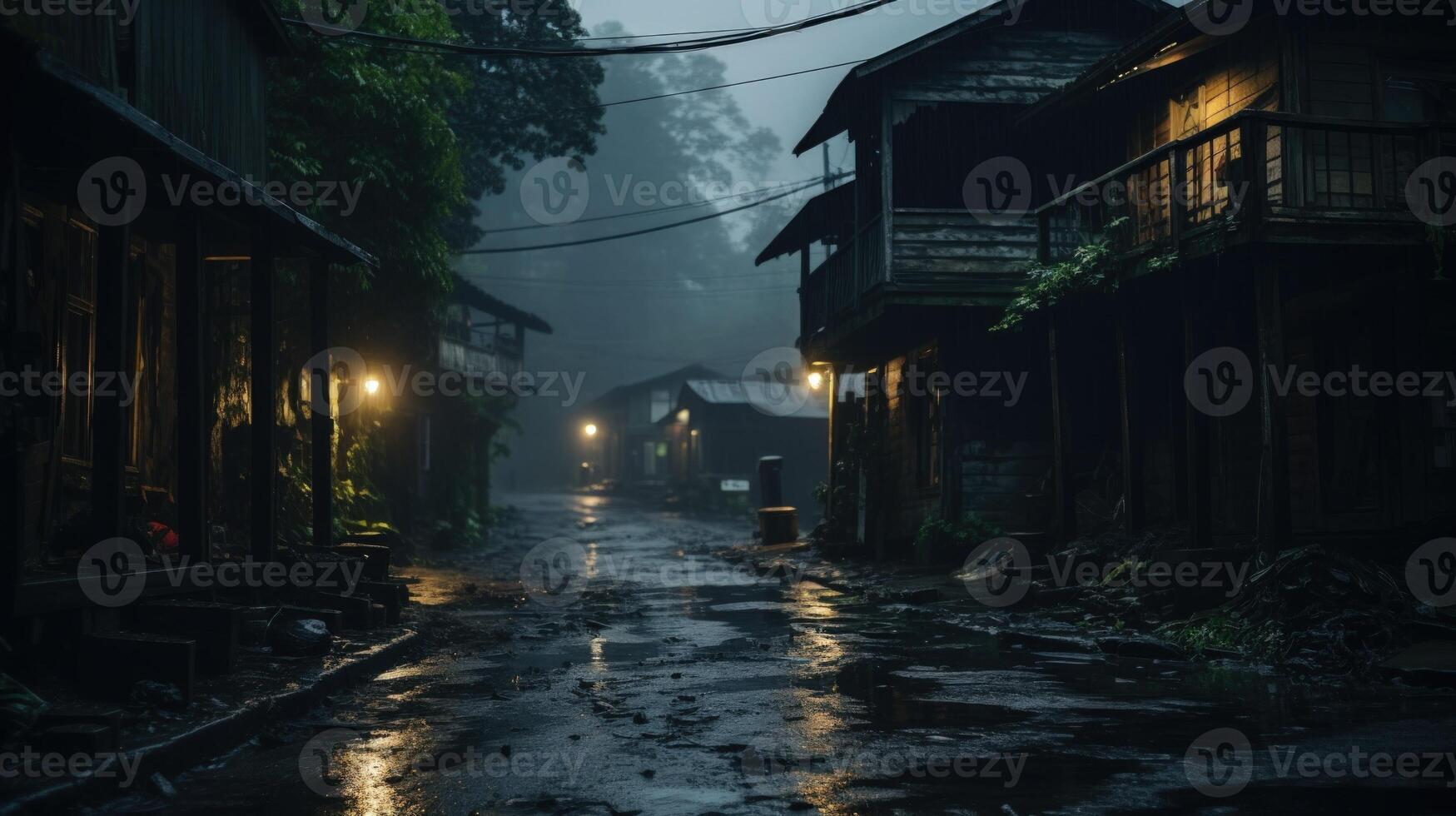 A dimly lit, narrow street lined with wooden buildings, shrouded in fog and mist after rain, with the light reflecting on the wet ground. photo