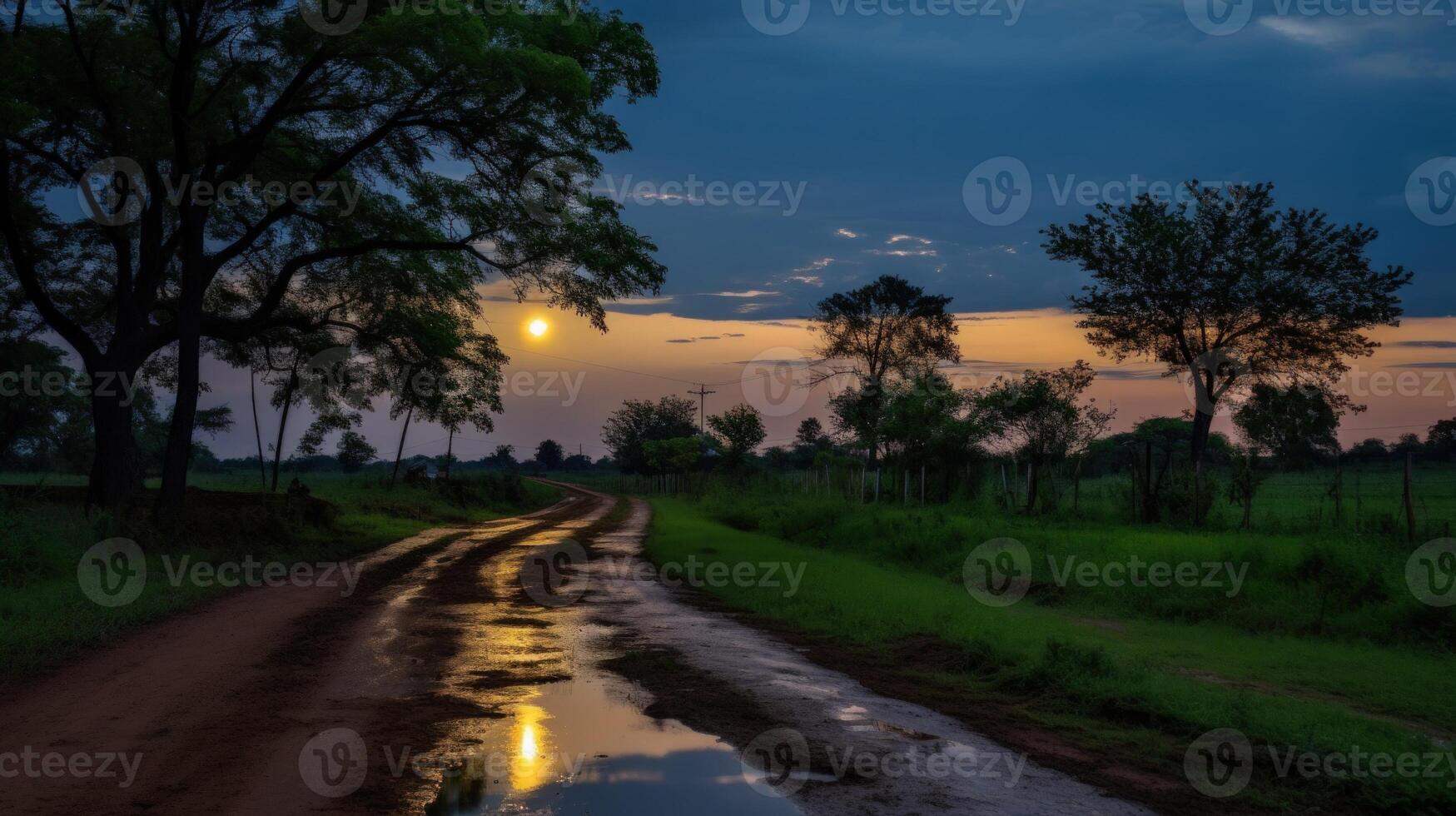 A dirt road winds through a lush green field as the sun sets behind the trees, casting a warm glow on the landscape. photo