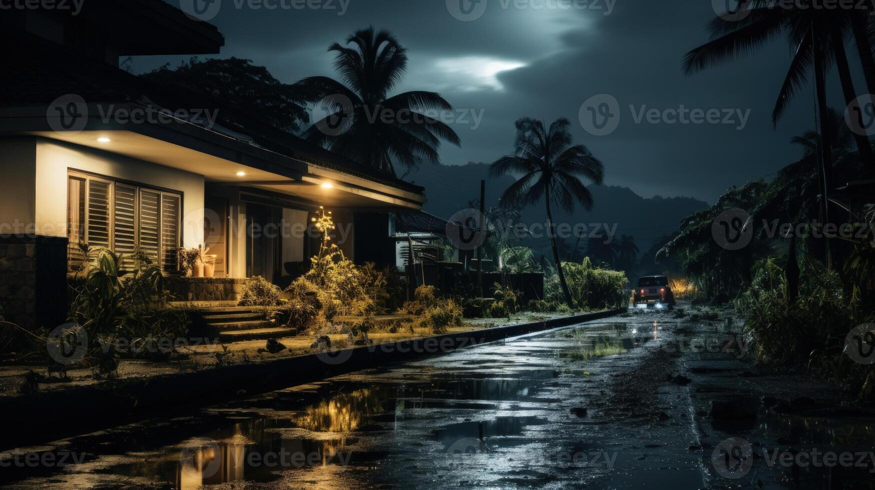 A flooded street with a car driving through it at night in a tropical area, with a house lit up in the foreground. photo
