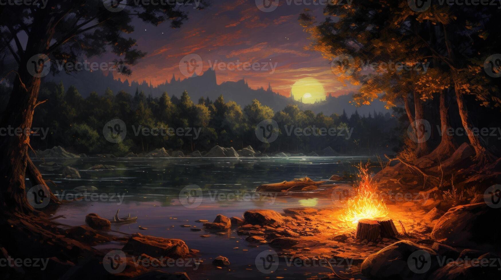 A fiery campfire burns on the shore of a lake, surrounded by rocks and trees, under a sunset sky with a bright sun and stars. photo