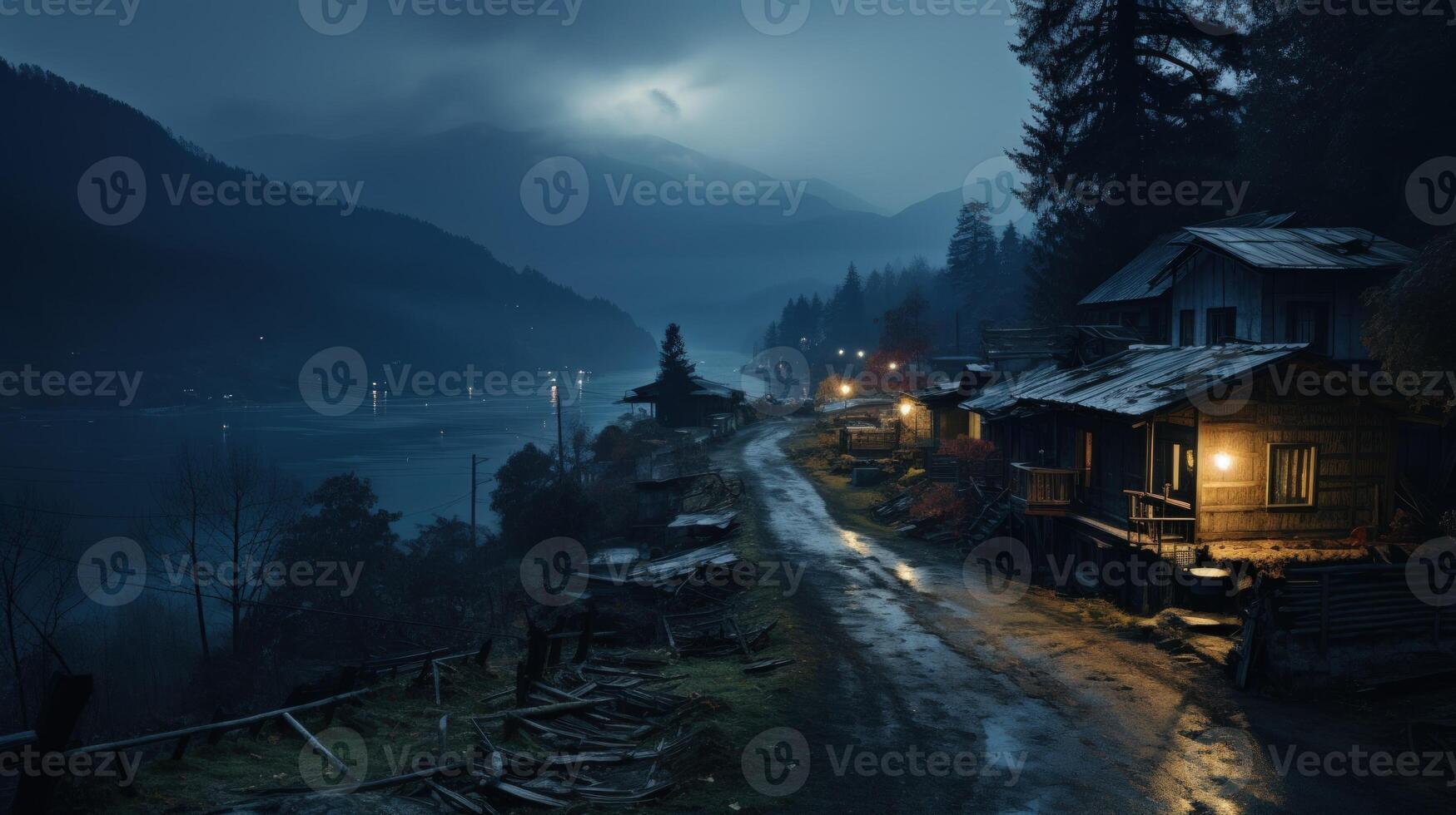A foggy night in a small village with wooden houses by the lake with a full moon shining in the dark sky. photo