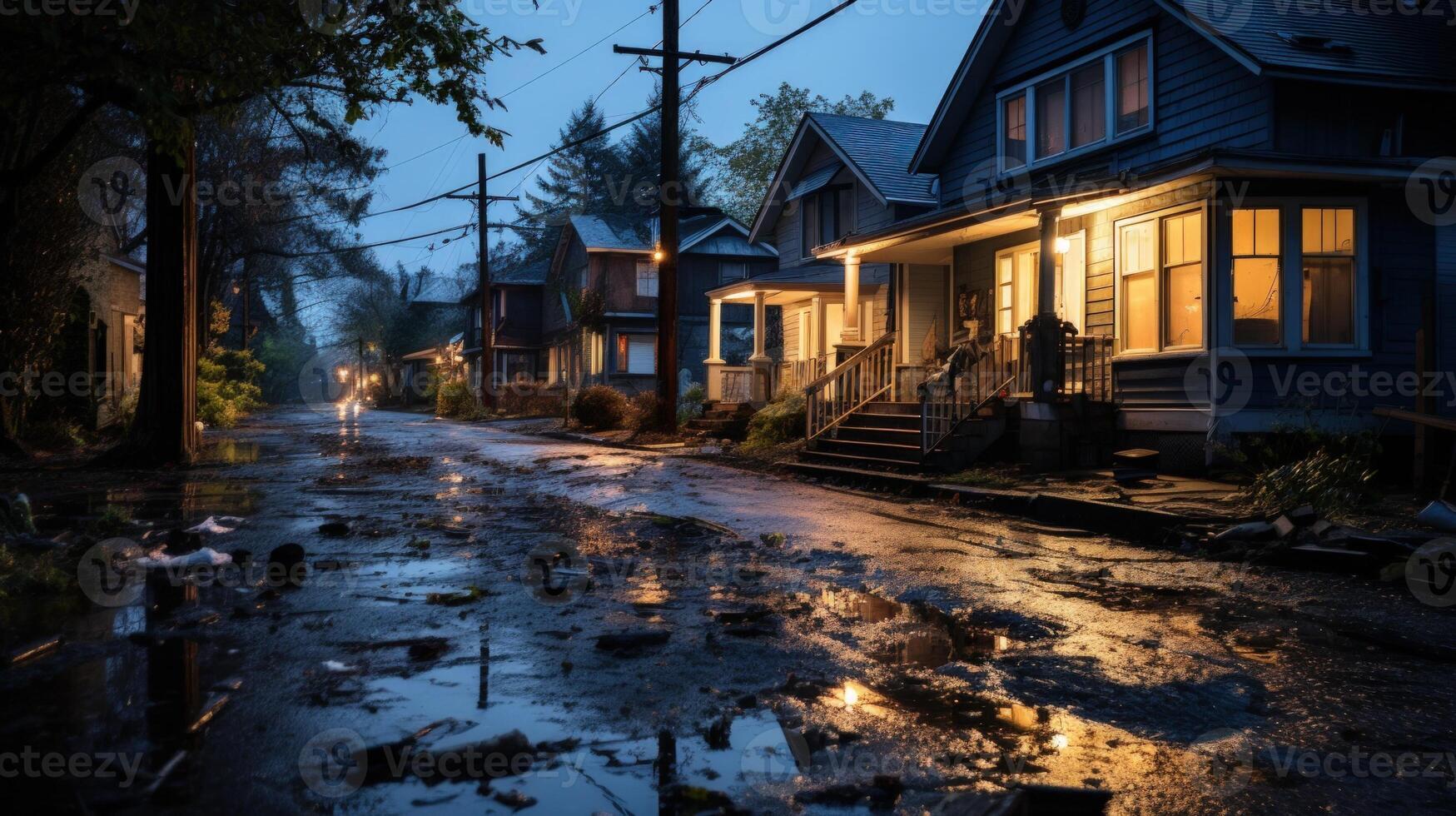 A flooded street with houses on both sides and street lights illuminate the road. photo