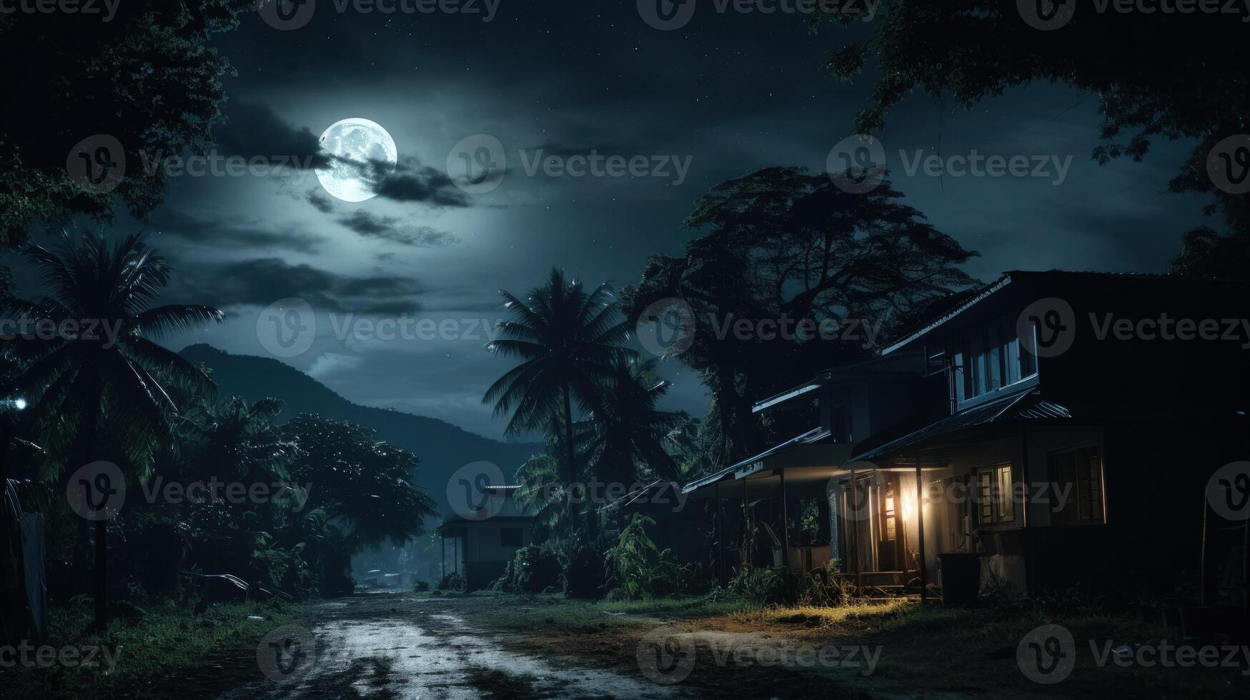 A house with a porch light glows in the moonlight on a dark, tropical night. photo