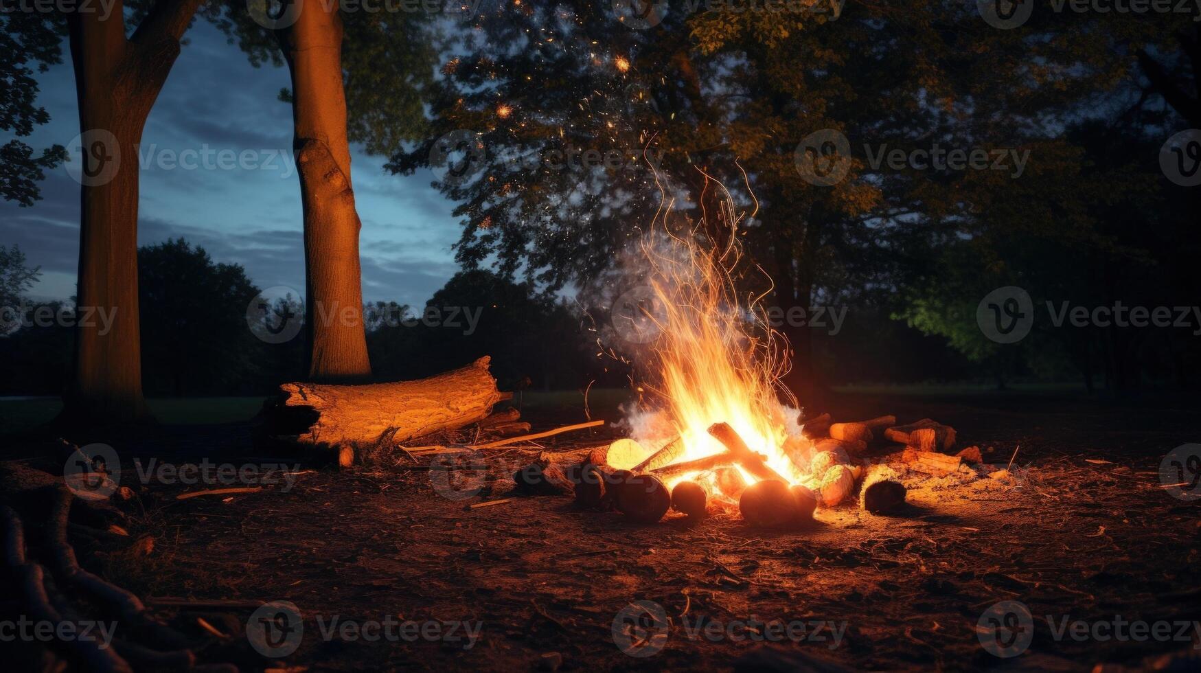 A glowing campfire in the dark forest, illuminated by a bright fire. photo