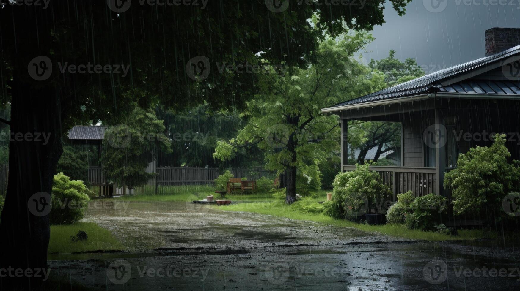 A house with a porch sits in a lush green yard during a rainstorm. photo