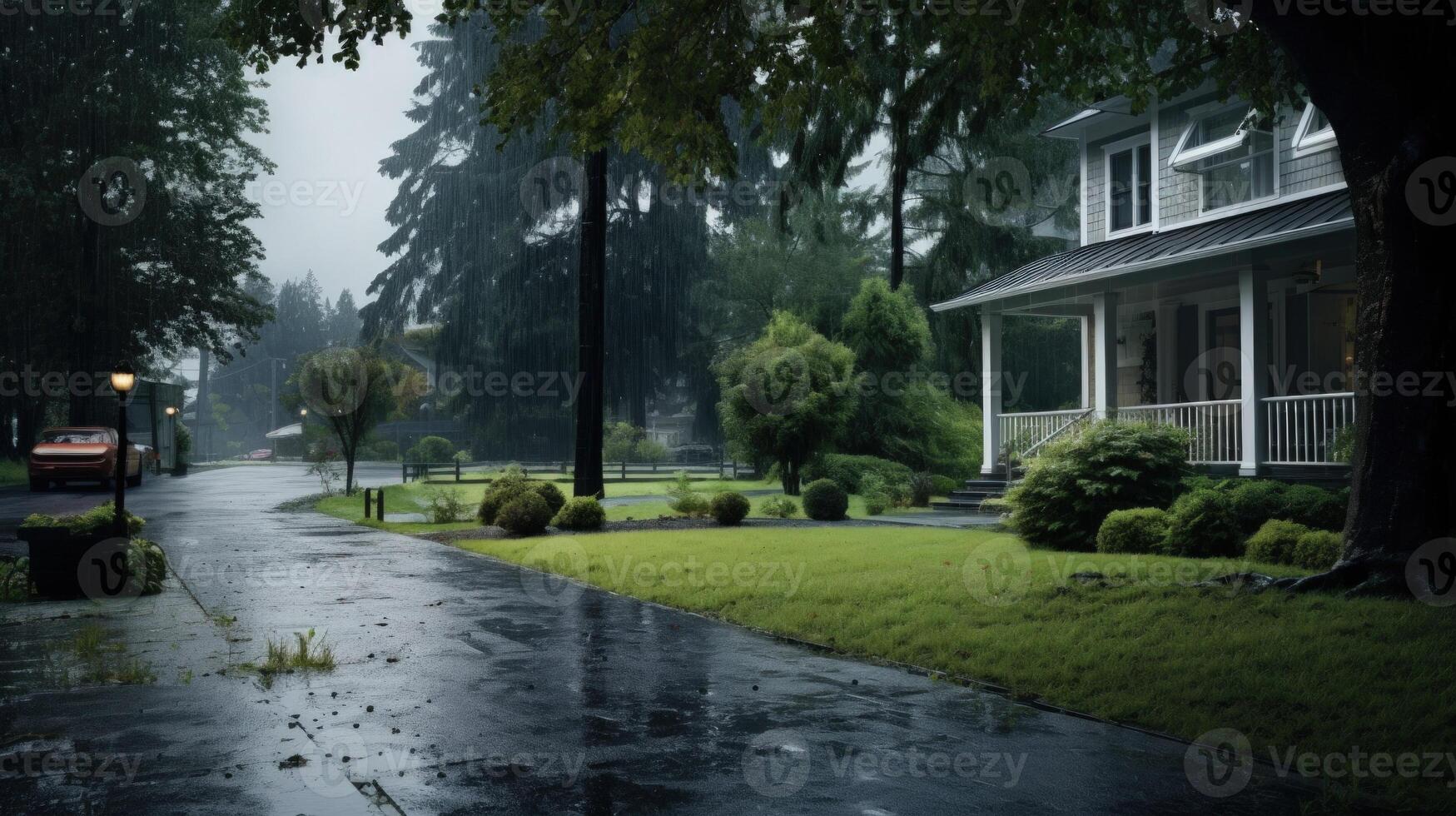 A house with a porch sits on a street with a red car and a street lamp, all in the midst of a heavy downpour. photo