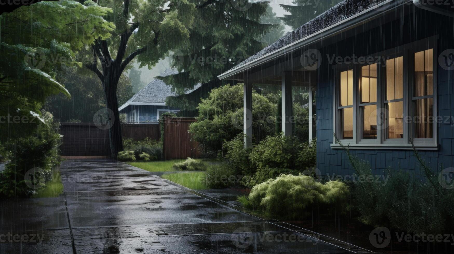 A house with a porch stands under a dark sky as heavy rain falls around it. A wet driveway leads up to the porch, with green bushes in the foreground. photo