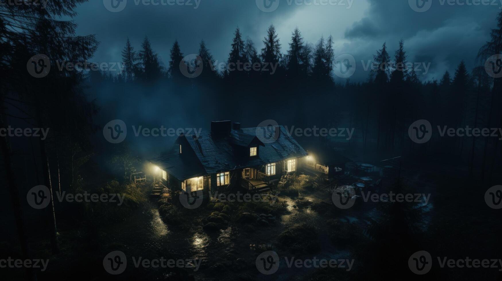 A lone cabin with lit windows sits in a misty forest at night, with a stream flowing through the grounds. photo